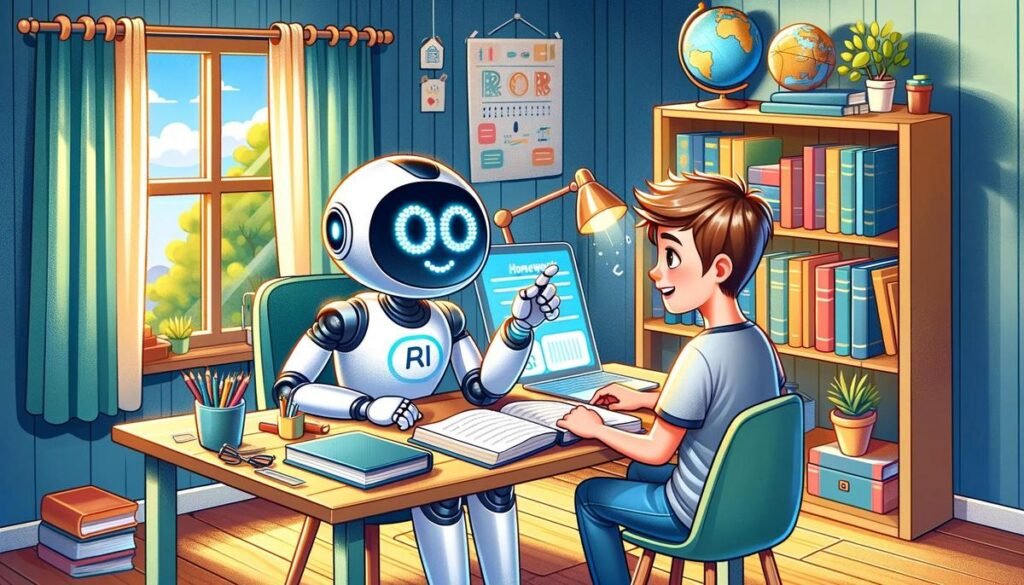 AI Homework Helper assisting student in futuristic classroom with advanced technology.