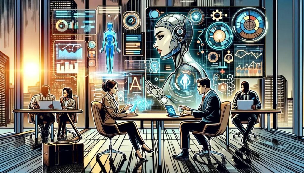 An awe-inspiring hyperrealistic photograph showcasing the potential of AI marketing tools in a bustling office space adorned with high-tech equipment and digital displays.