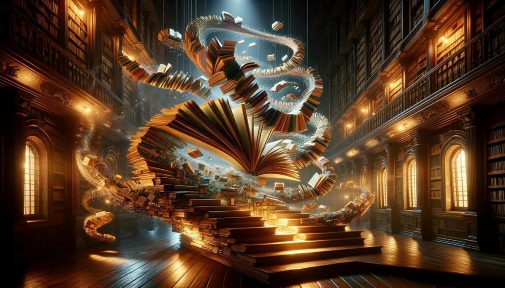 Magical floating books in a hyperrealistic library scene, blurring words and visuals.